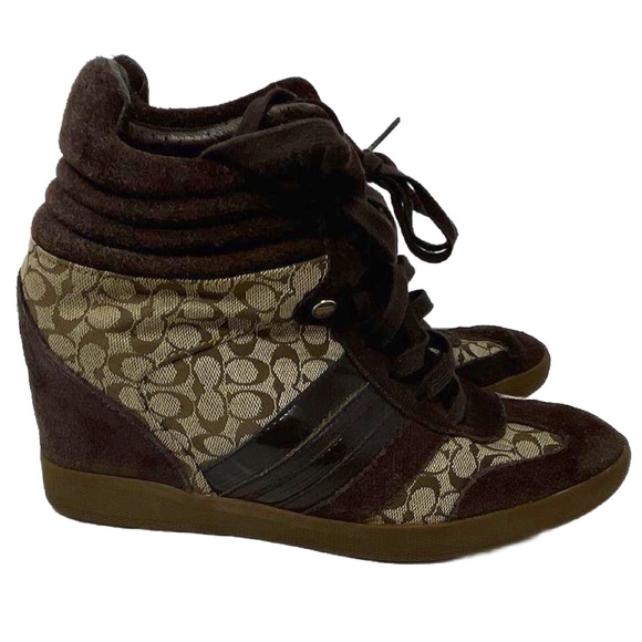 Coach Women's Alara Signature Print Brown Suede Wedged Heeled Boots Size 9.5M - Picture 1 of 7